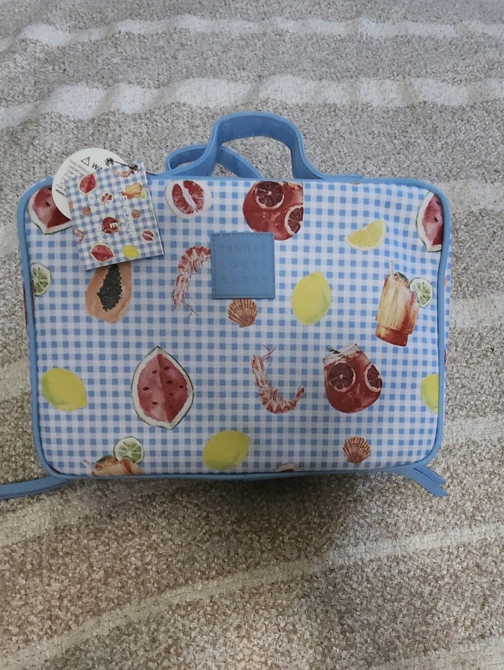 Marshalls Blue Gingham Kids Lunch Tote with Fruit & Seafood Prints